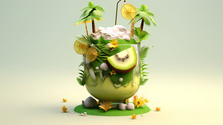 tropical cocktail with ice cream and kiwi 3d renderの素材