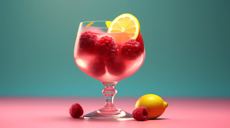 Cocktail with raspberries and lemon on a pink-green backgroundの素材