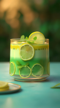 Glass of lemonade with lime and mint on wooden table. 3d renderの素材