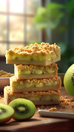 Slice of kiwi cake on wooden table, closeupの素材