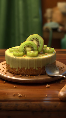 Kiwi cheesecake on a wooden table. Selective focus.の素材