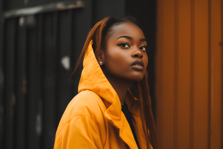 beautiful african american woman in yellow raincoat looking awayの素材