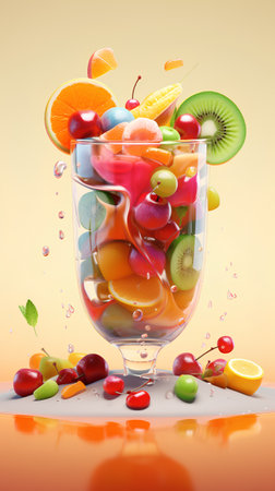 Fruit salad in a glass on a yellow background. 3d renderingの素材