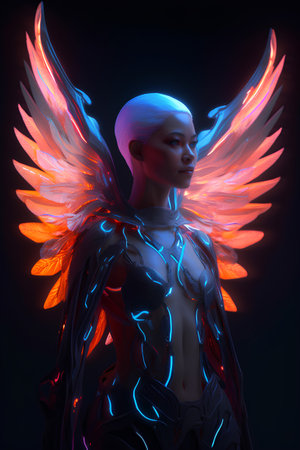 3d rendering of a female figure with wings and glowing neon lightsの素材