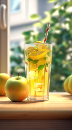 Glass of fresh lemonade with ice cubes, apples and straw on wooden tableの素材