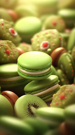 Colorful macaroons with kiwi fruit, close upの素材