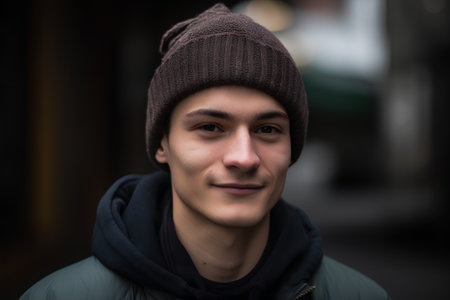 Portrait of a handsome young man in a hat on the streetの素材