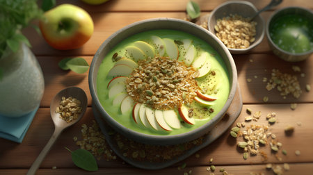 Green smoothie bowl with oatmeal, apples and seeds on wooden tableの素材