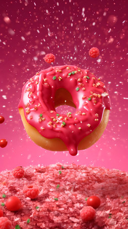 3d render of pink donut with sprinkles falling down on pink backgroundの素材