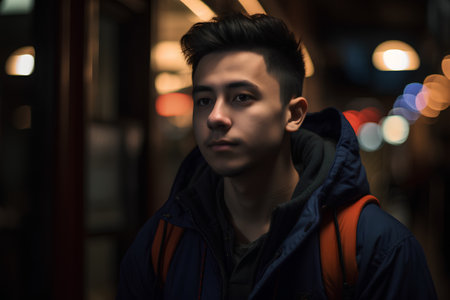 Portrait of a young handsome asian man in the city at nightの素材