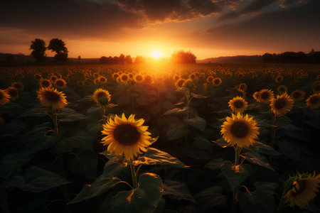 Sunset over sunflower field with sunflowers. 3d renderの素材