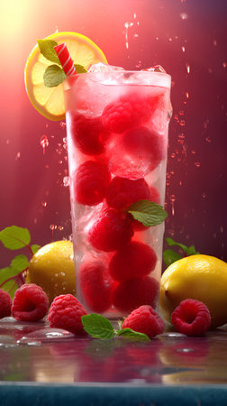 Lemonade with raspberries, lemon and mint in a glass on a blue backgroundの素材