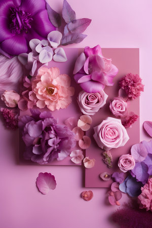 Creative layout made of flowers on pink background. Flat lay, top view, copy spaceの素材