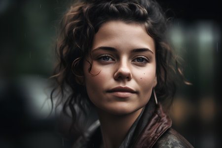 Portrait of a young beautiful woman in a raincoat. Toned.の素材