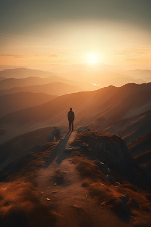 Man standing on the top of the mountain and looking at the sunsetの素材