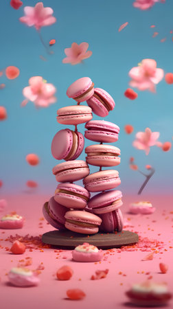 Colorful macaroons in the form of a tower on a pink background.の素材