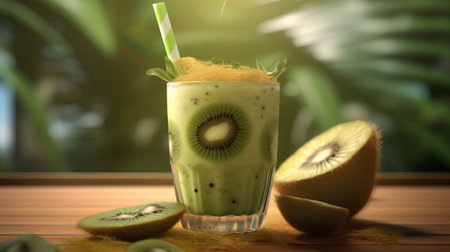 Kiwi smoothie in a glass with a straw on a wooden backgroundの素材