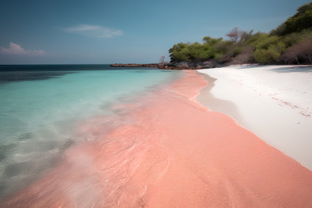Beautiful tropical beach with turquoise water and pink sand. Toned.の素材
