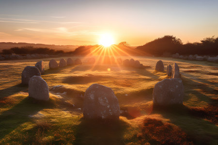 Sunset over the Carnac Circle in Carnac, Brittany, Franceの素材