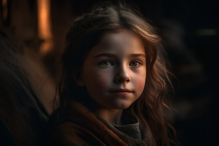 Portrait of a little girl with long hair in a brown coat.の素材