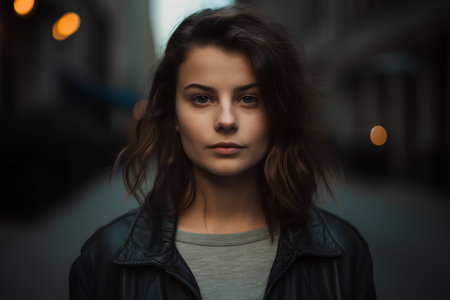 Portrait of a beautiful young brunette woman in the city.の素材
