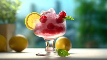 Raspberry ice cream with lemon and mint in a glass. 3d renderingの素材