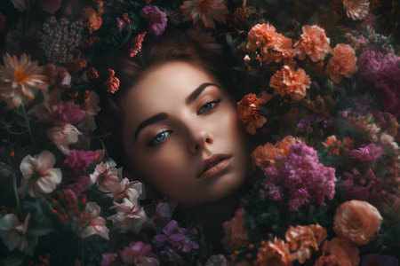 Beautiful young woman surrounded by flowers. Beauty, fashion concept.の素材