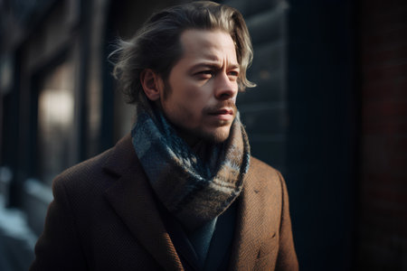 Portrait of a young handsome man in a coat and scarf.の素材