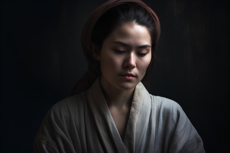 Portrait of a young woman in a bathrobe on a dark backgroundの素材