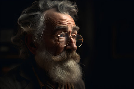 Portrait of an old man with long gray beard and glasses on a dark backgroundの素材