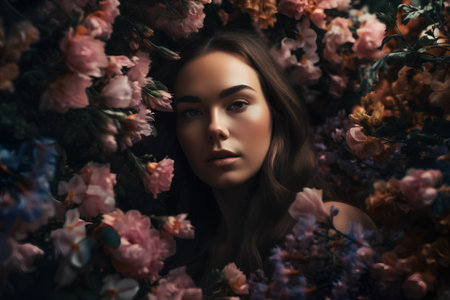 Portrait of a beautiful young woman surrounded by flowers. Beauty, fashion.の素材
