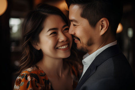Portrait of a beautiful asian couple in love embracing each other.の素材