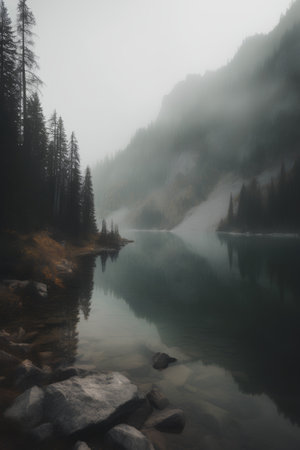 Foggy morning on the lake in mountains. Beautiful autumn landscapeの素材