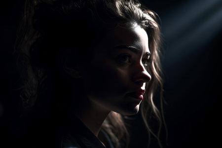 Portrait of a beautiful young woman with long hair in the darkの素材