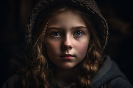 Portrait of a little girl in a hat and coat on a dark backgroundの素材