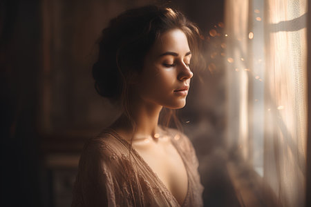 Portrait of a beautiful young woman with closed eyes. Beauty, fashion.の素材