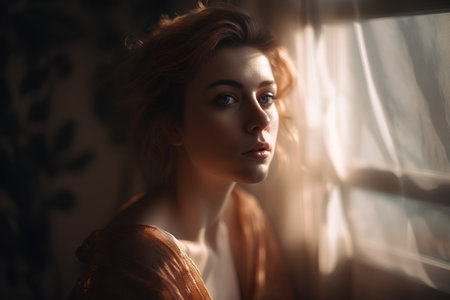 Portrait of a beautiful young woman in a room. Beauty, fashion.の素材