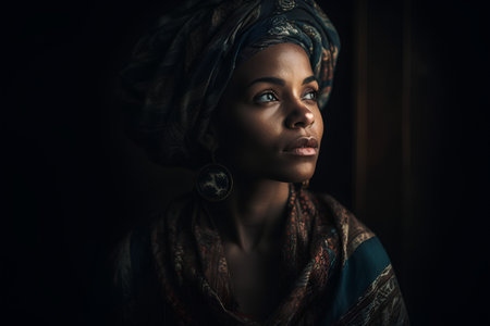 Beautiful african american woman in turban looking away on dark backgroundの素材