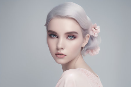 Fashion portrait of beautiful young woman with pink flowers in her hairの素材