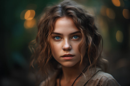 Portrait of a beautiful girl with blue eyes in the forest.の素材