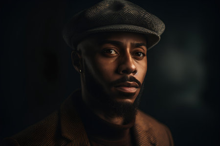 Portrait of a handsome african american man wearing a hat and coat.の素材