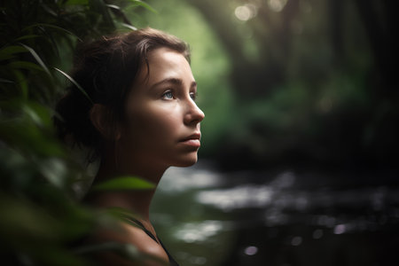 Portrait of a beautiful young woman standing by the river in the forestの素材