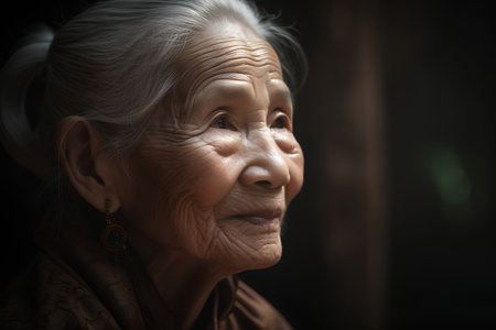 Portrait of an old woman with a sad expression on her faceの素材