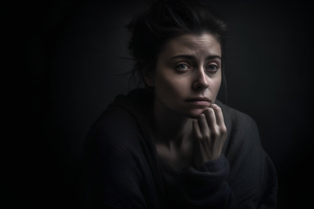 Portrait of a sad young woman on a dark background. Toned.の素材
