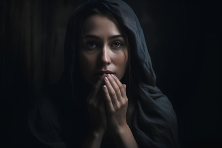 Portrait of a young woman in a black robe covering her face.の素材