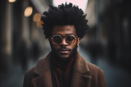 Handsome african american man with afro hairstyle wearing brown coat and glasses.の素材