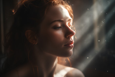 Portrait of a beautiful young redhead woman with closed eyes.の素材
