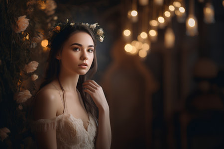 Portrait of a beautiful girl in a wreath of flowers.の素材