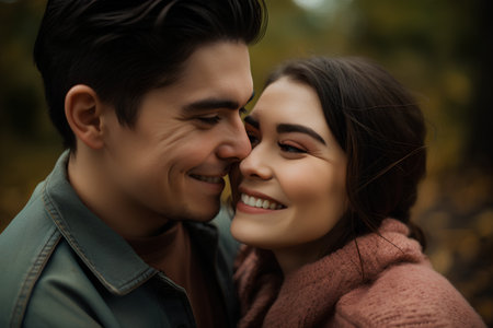 Happy young couple in love walking in autumn park. Smiling woman and man embracing.の素材