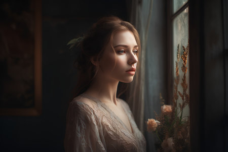 Portrait of a beautiful girl in a white lace dress. Beauty, fashion.の素材